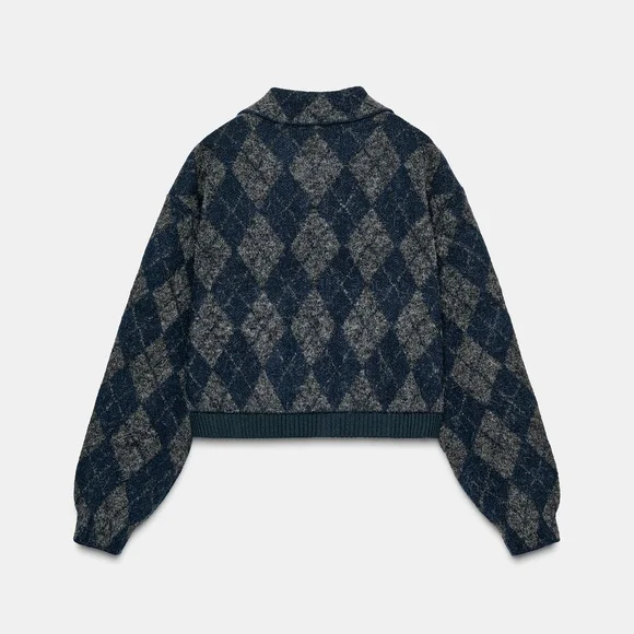 ZARA ARGYLE KNIT BOMBER JACKET - Picture 6 of 13